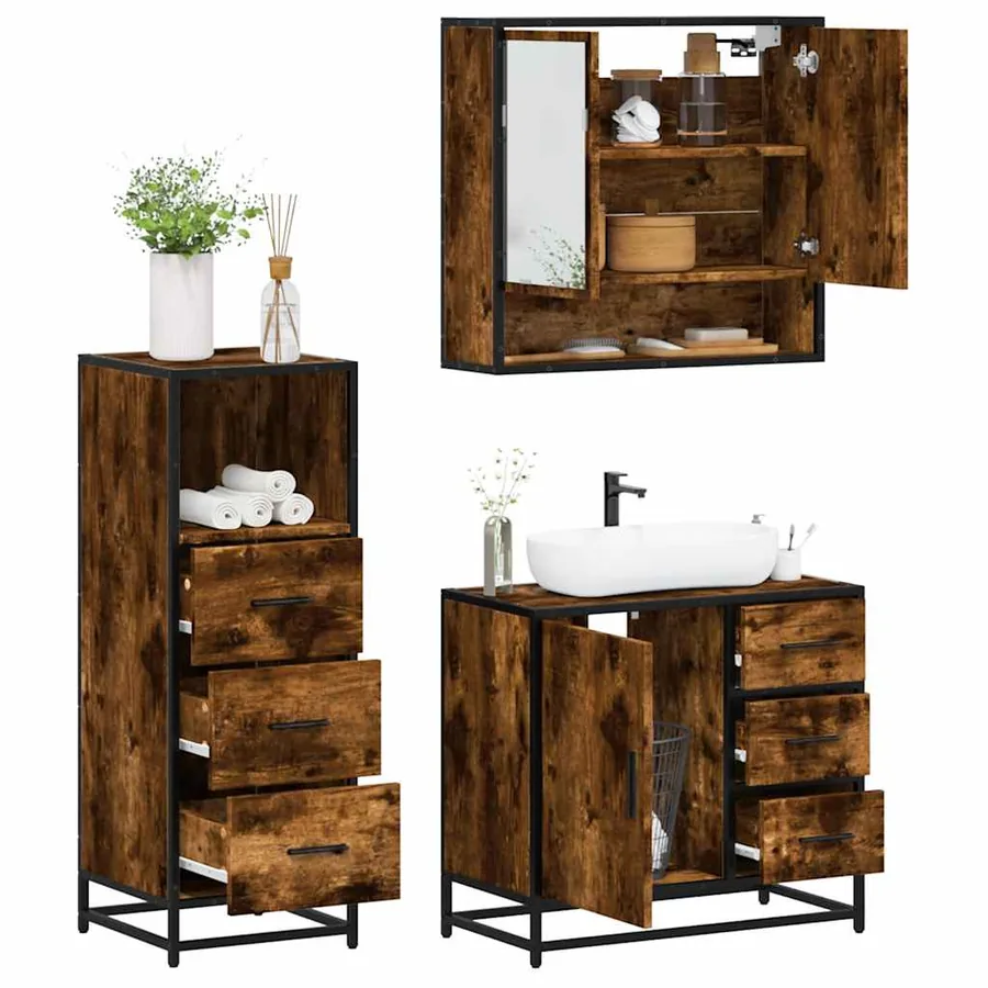Ensemble de meubles de salle de bain 3 pcs Chêne fumé
