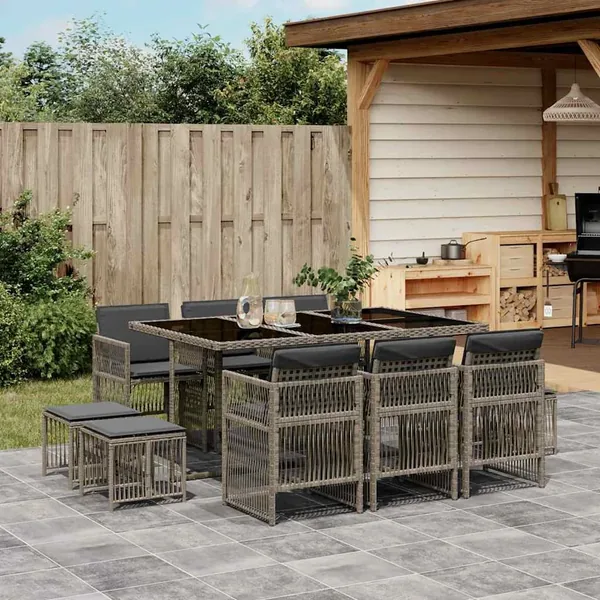 Ensemble à manger de jardin 11pcs avec coussins gris poly rotin