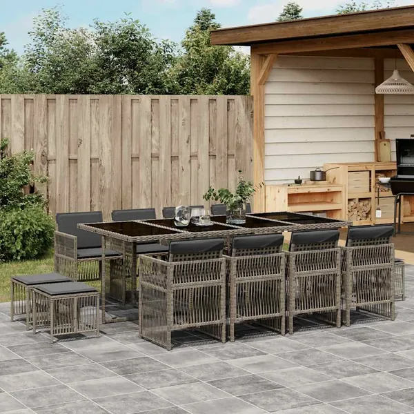 Ensemble à manger de jardin coussins 13 pcs gris résine tressée
