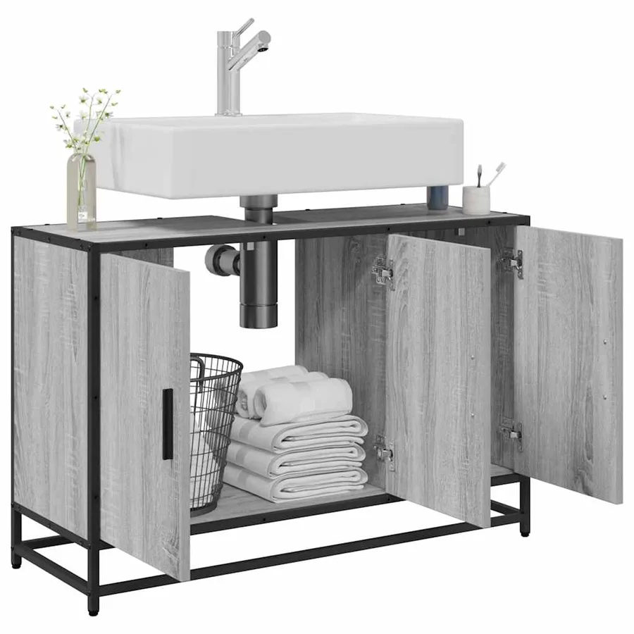 Armoire de lavabo de salle de bain sonoma gris 90x33x60 cm - 4