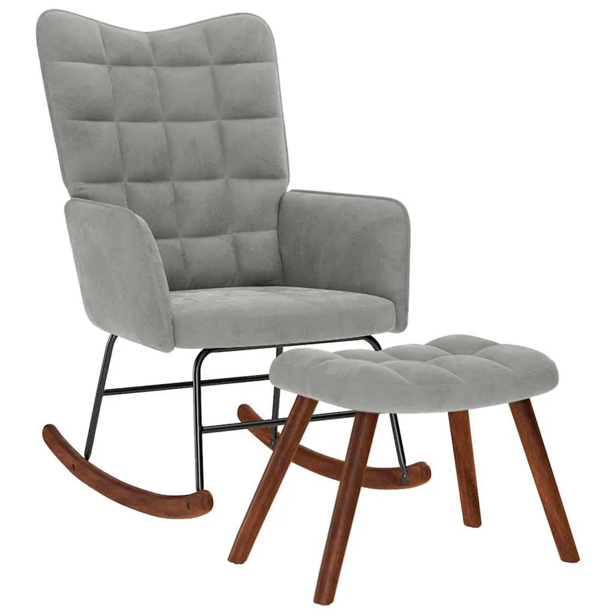 Chaise à bascule avec tabouret en velours gris clair