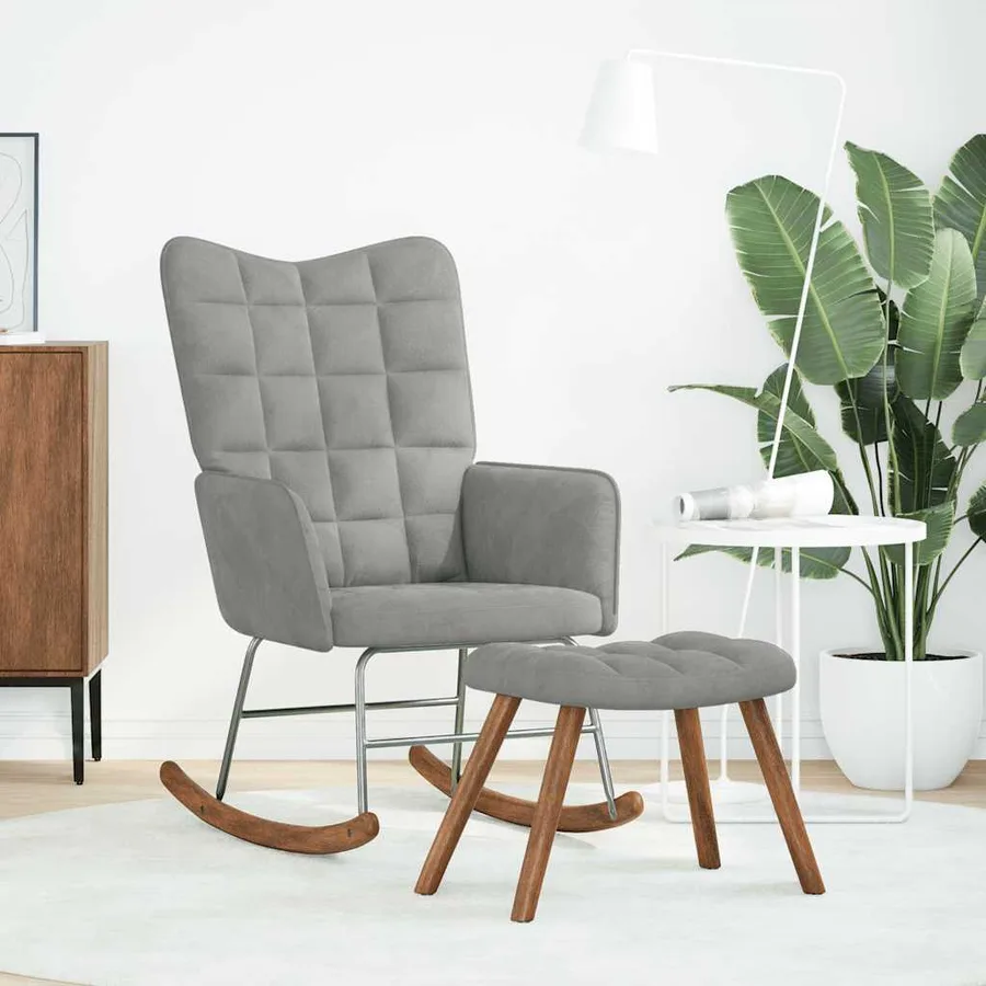 Chaise à bascule avec tabouret en velours gris clair - 2