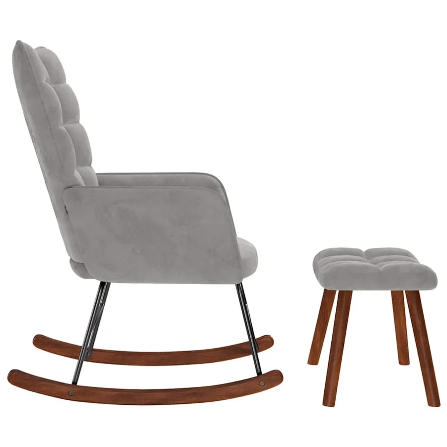 Chaise à bascule avec tabouret en velours gris clair - 6