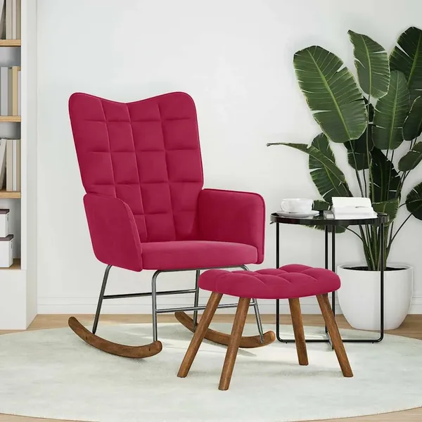 Chaise à bascule avec repose-pied rouge bordeaux velours