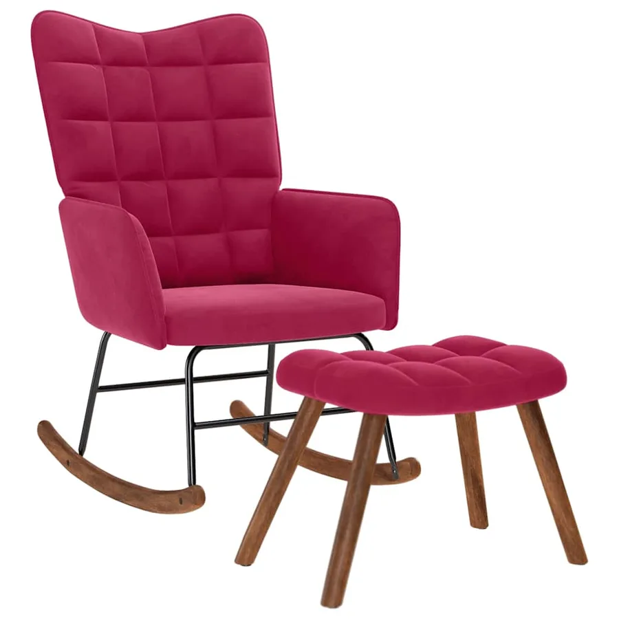 Chaise à bascule avec repose-pied rouge bordeaux velours - 2