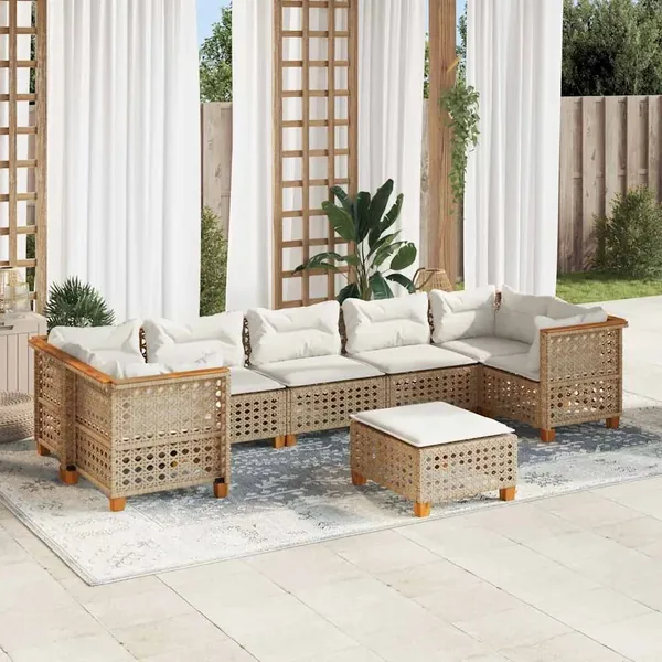 Salon de jardin avec coussins 8 pcs beige résine tressée