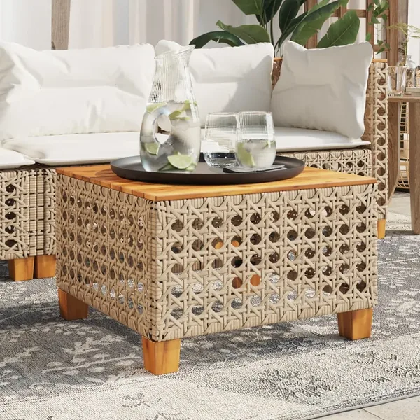 Table de jardin beige 55x55x36 cm résine tressée et bois acacia