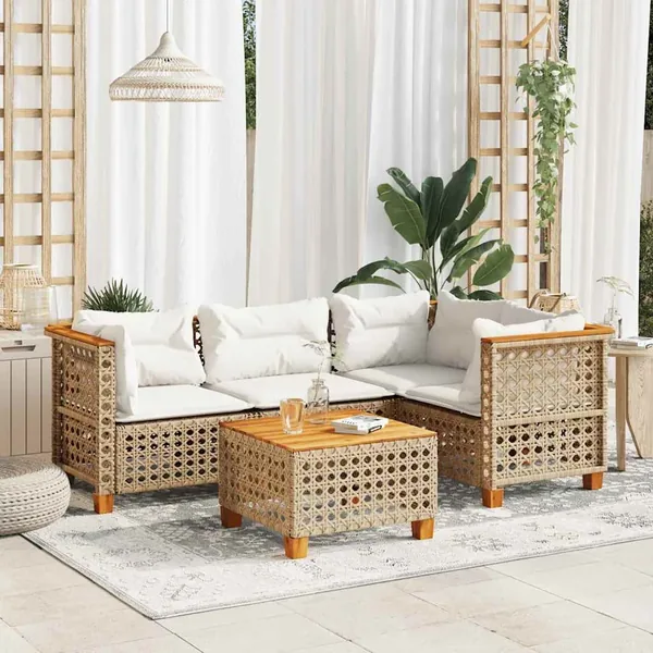 Salon de jardin avec coussins 5 pcs beige résine tressée