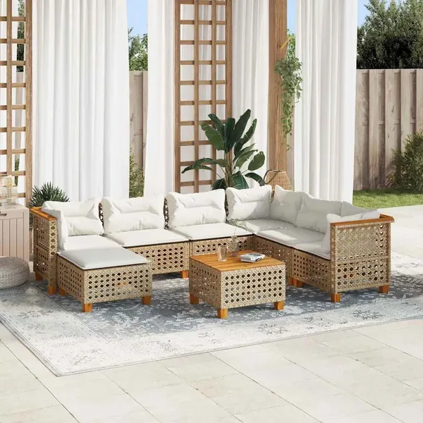 Salon de jardin avec coussins 8 pcs beige résine tressée