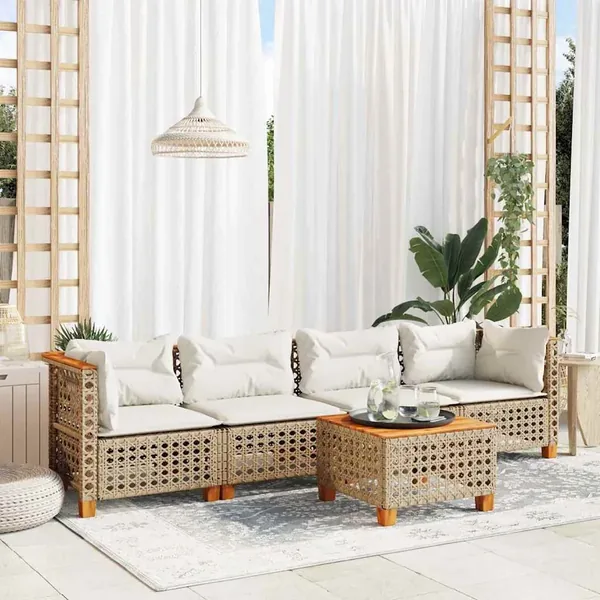 Salon de jardin avec coussins 5 pcs beige résine tressée