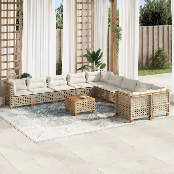 Salon de jardin 11 pcs avec coussins beige résine tressée