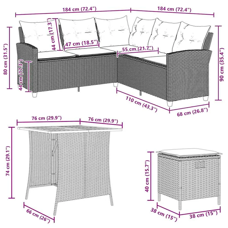 Ensemble de canapé de jardin 6 pcs avec coussins en forme de L beige résine tressée - 10
