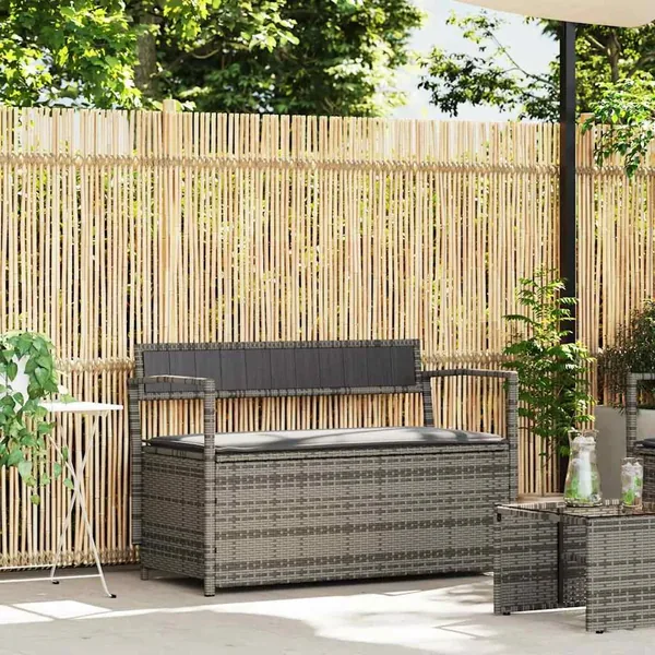 Banc de rangement de jardin avec coussin gris résine tressée