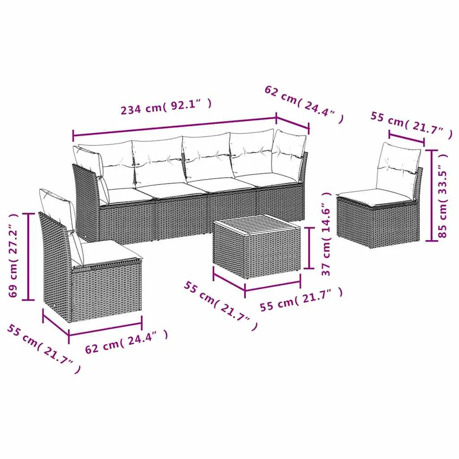Salon de jardin 7 pcs avec coussins gris résine tressée - 10