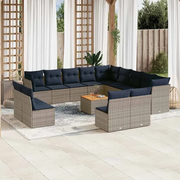 Salon de jardin avec coussins 14 pcs gris résine tressée