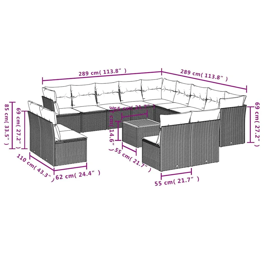 Salon de jardin avec coussins 14 pcs gris résine tressée - 10