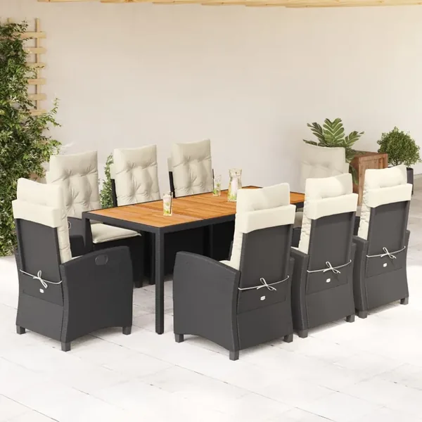 Ensemble à manger de jardin 9pcs coussins noir résine tressée