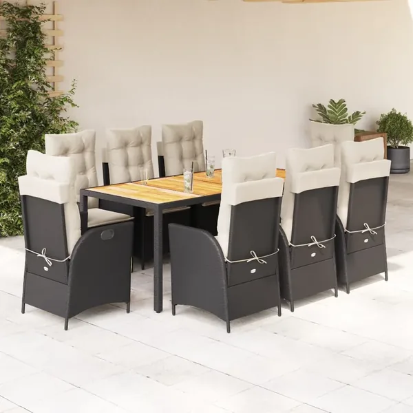 Ensemble à manger de jardin 9pcs coussins noir résine tressée
