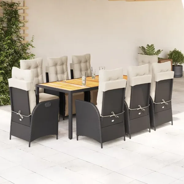 Ensemble à manger de jardin 9pcs coussins noir résine tressée