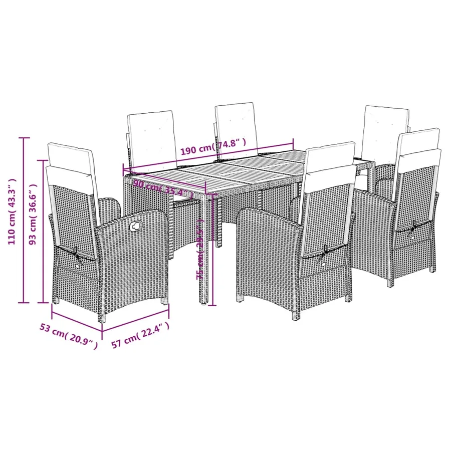 Ensemble à manger de jardin coussins 7pcs Noir Résine tressée - 9