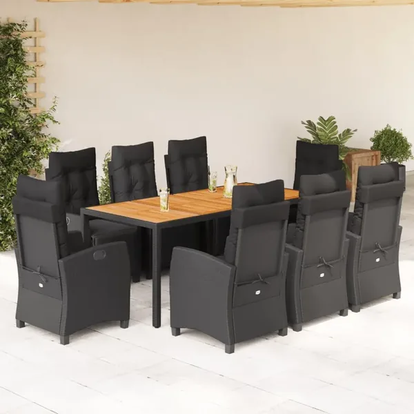 Ensemble à manger de jardin 9pcs coussins noir résine tressée