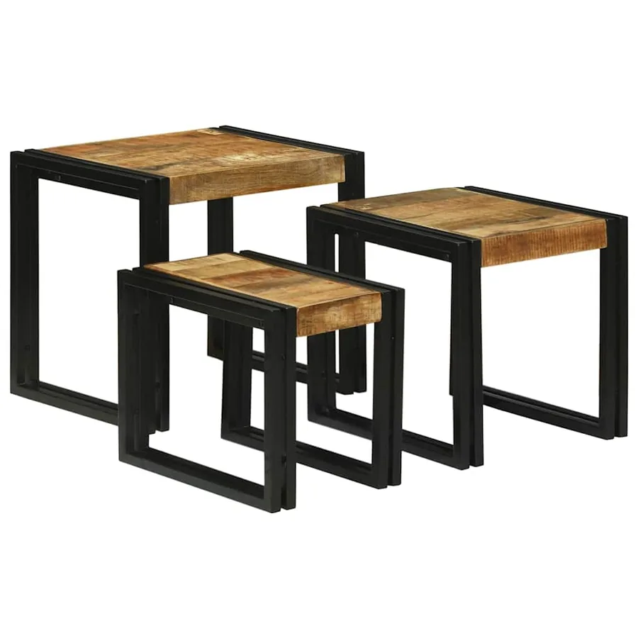 Table Gigogne 3 pcs Bois de Mangue Massif et Métal