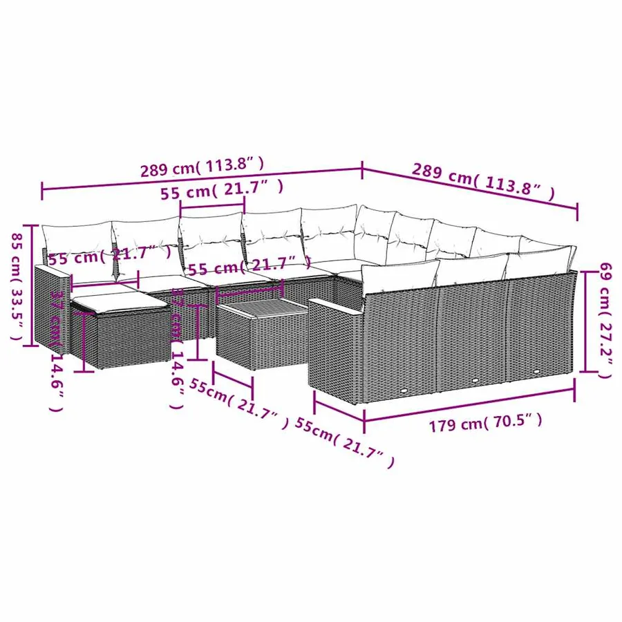 Ensemble de canapé de jardin 13 pcs avec coussins noir résine tressée - 8