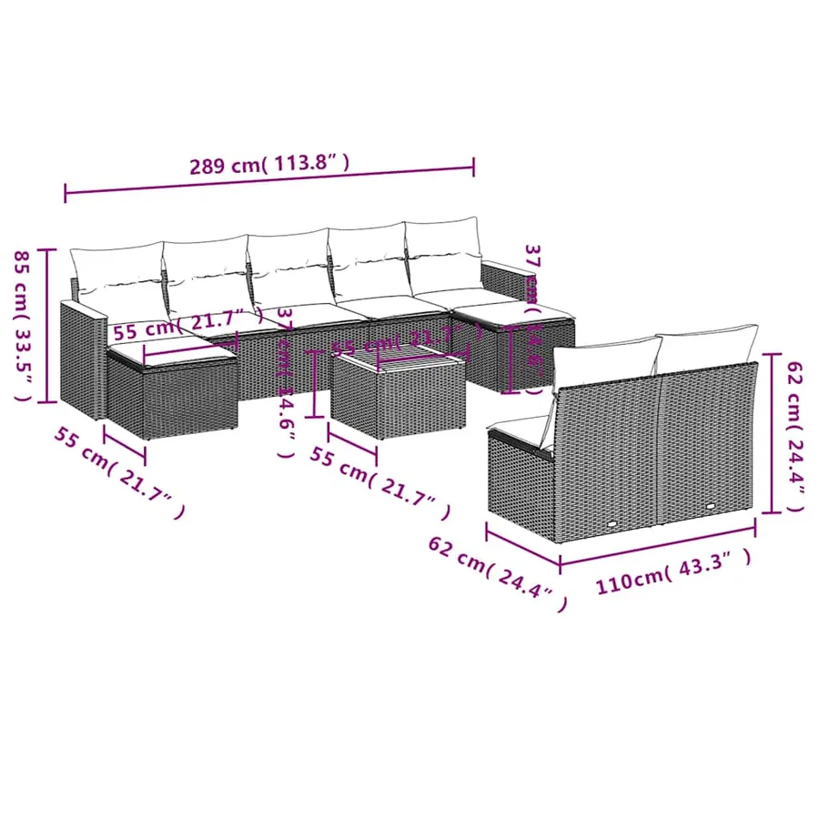 Ensemble de canapé de jardin 10 pcs avec coussins noir résine tressée - 9