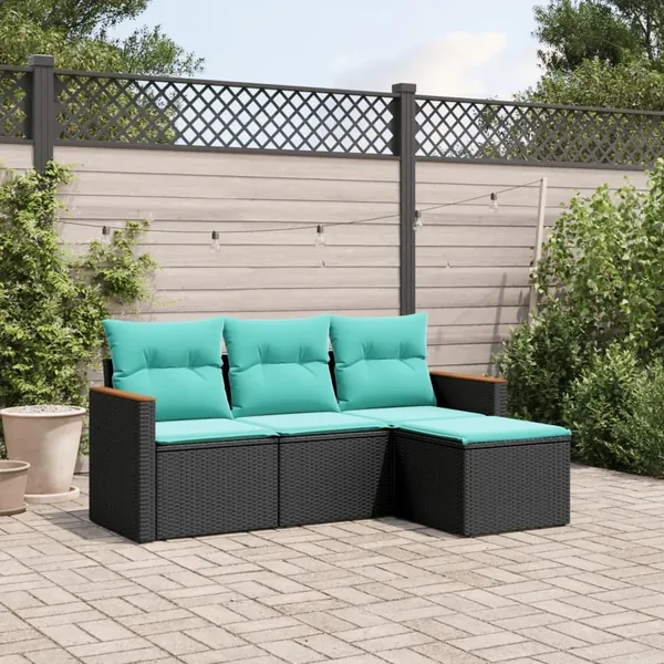 Salon de jardin 4 pcs avec coussins noir résine tressée
