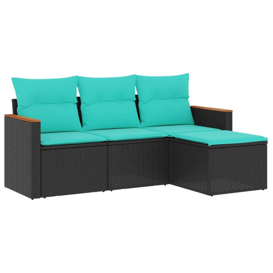 Salon de jardin 4 pcs avec coussins noir résine tressée - 2
