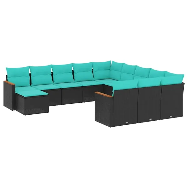 Salon de jardin avec coussins 12 pcs noir résine tressée