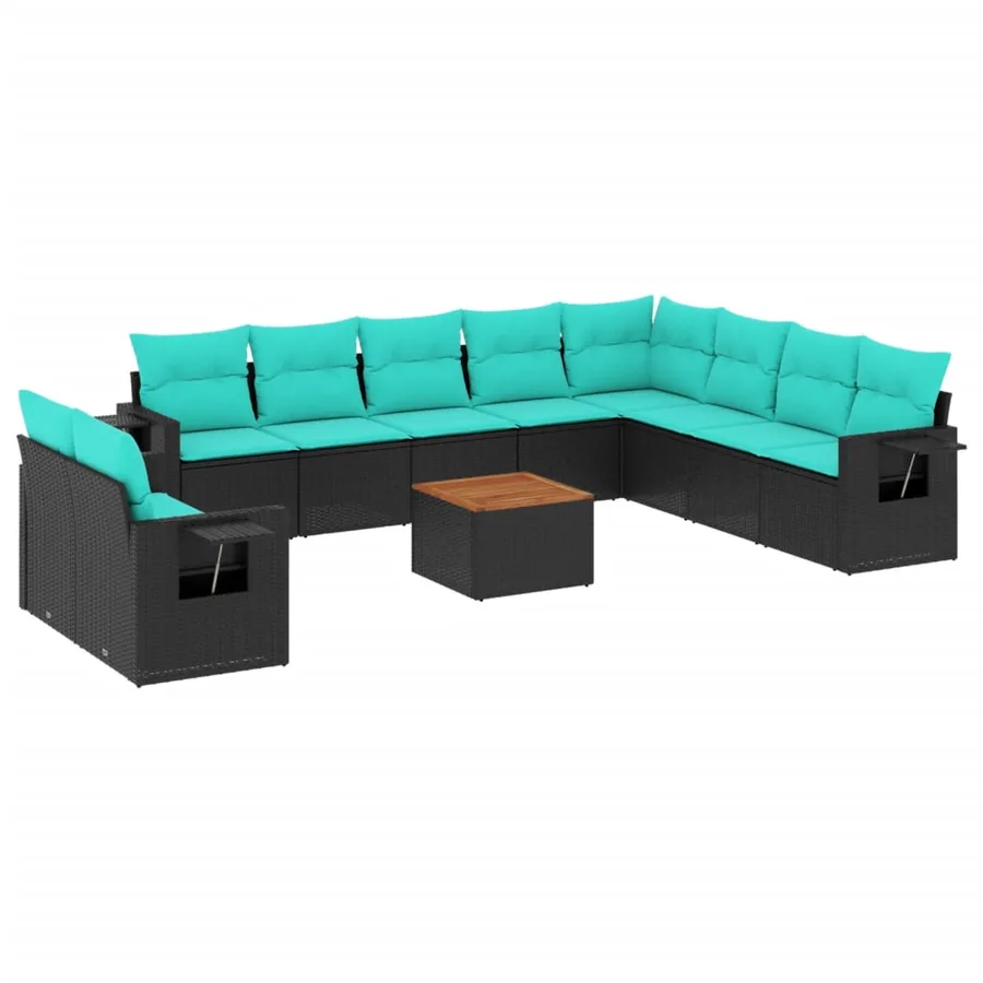 Ensemble de canapé de jardin 11 pcs avec coussins noir résine tressée - 2
