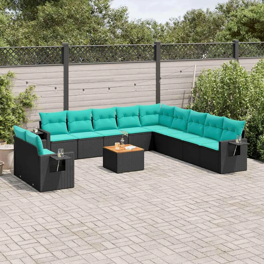 Ensemble de canapé de jardin 12 pcs avec coussins noir résine tressée