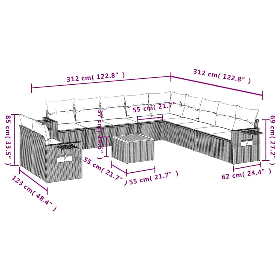 Ensemble de canapé de jardin 12 pcs avec coussins noir résine tressée - 9