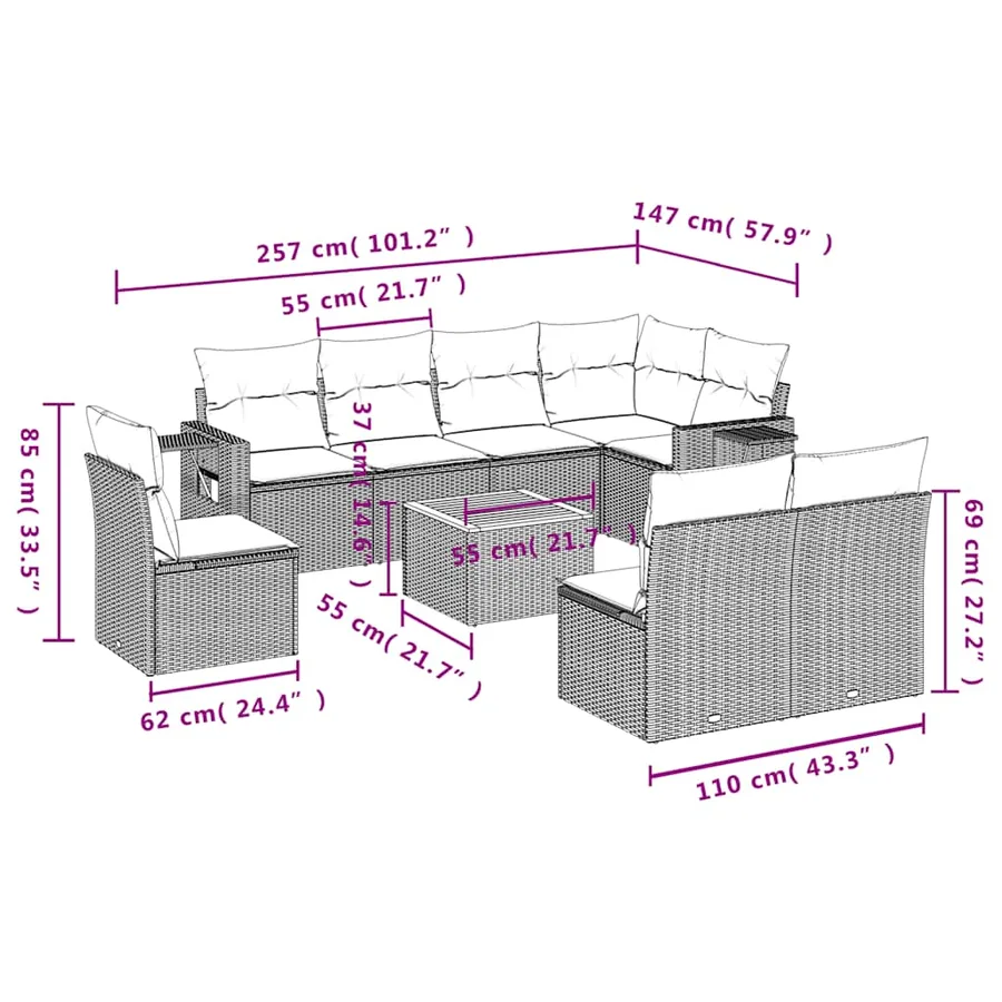 Ensemble de canapé de jardin 9 pcs avec coussins noir résine tressée - 9