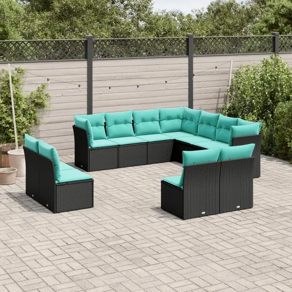 Salon de jardin 11 pcs avec coussins noir résine tressée