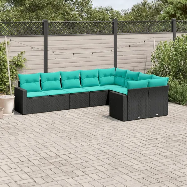 Salon de jardin 9 pcs avec coussins noir résine tressée
