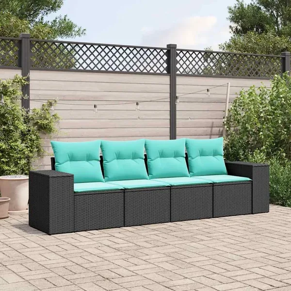 Salon de jardin 4 pcs avec coussins noir résine tressée