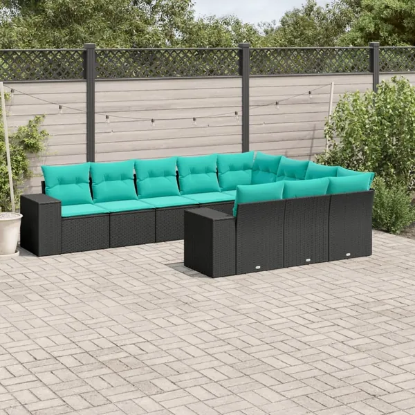 Salon de jardin 10 pcs avec coussins noir résine tressée