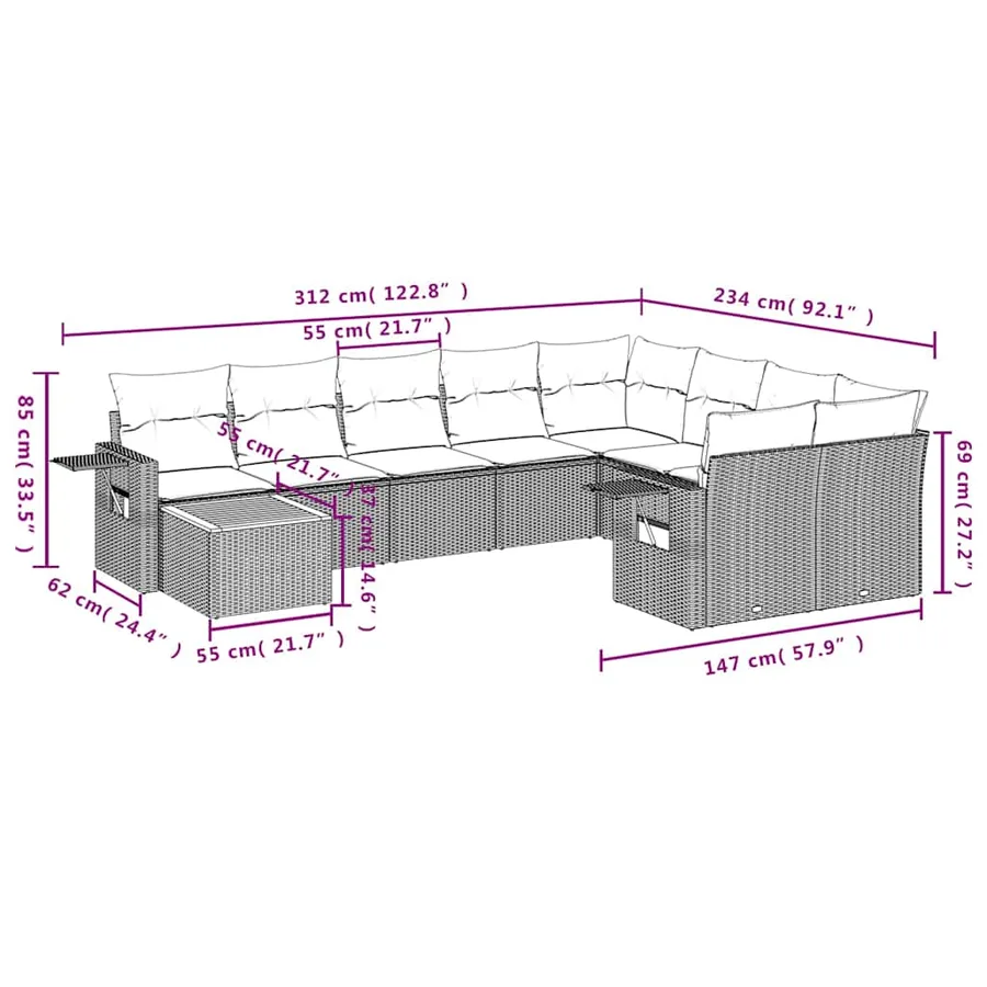 Ensemble de canapé de jardin 10 pcs avec coussins noir résine tressée - 9