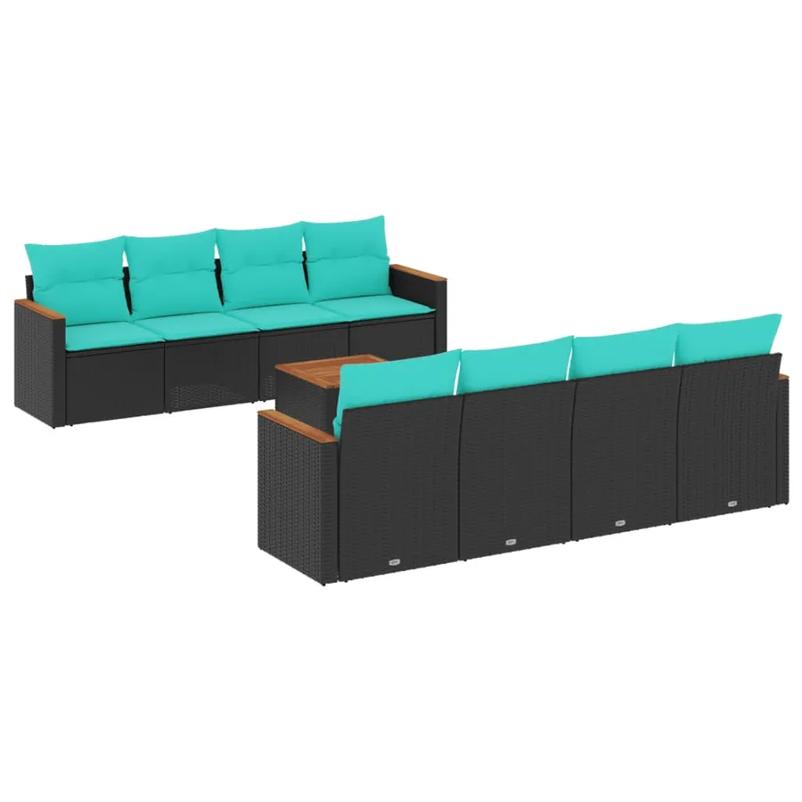 Ensemble de canapé de jardin 9 pcs avec coussins noir résine tressée - 2