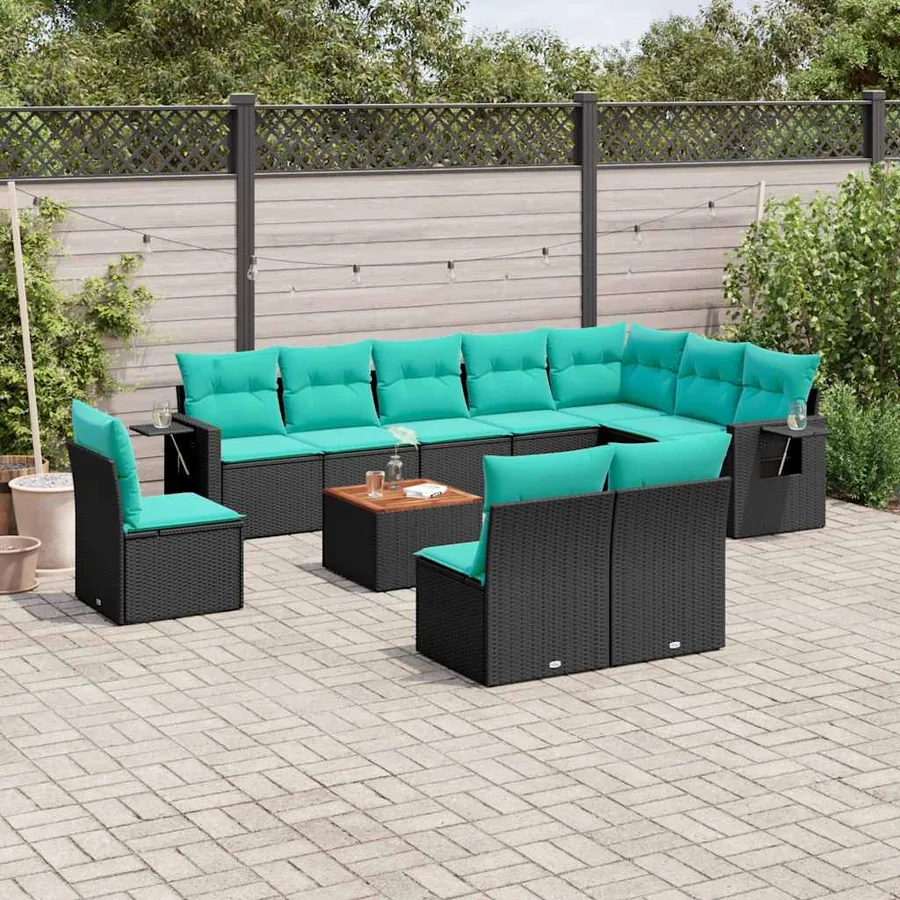 Ensemble de canapé de jardin 11 pcs avec coussins noir résine tressée