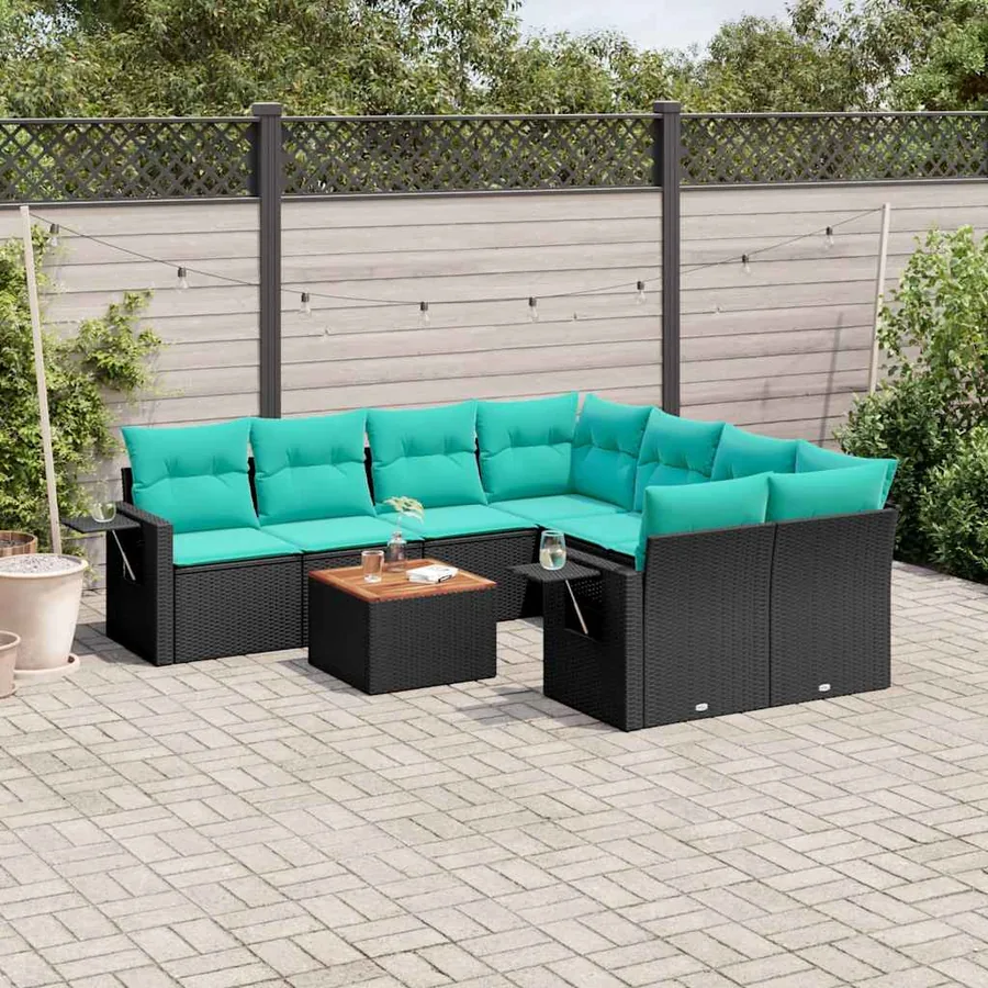 Ensemble de canapé de jardin 9 pcs avec coussins noir résine tressée