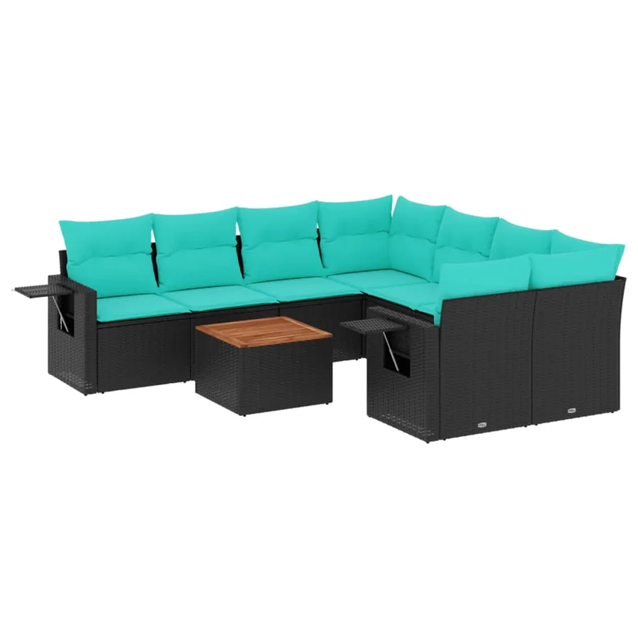 Ensemble de canapé de jardin 9 pcs avec coussins noir résine tressée - 2