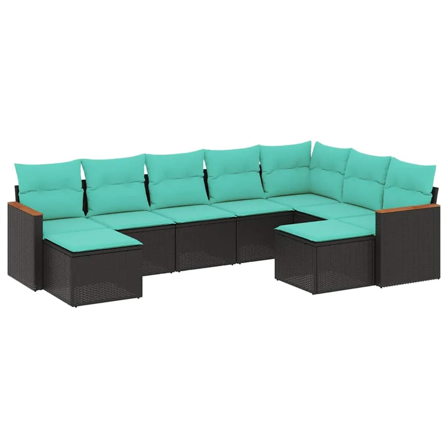 Salon de jardin 9 pcs avec coussins noir résine tressée - 2