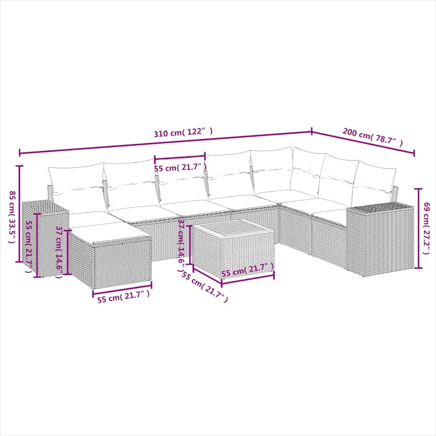 Ensemble de canapé de jardin 9 pcs avec coussins noir résine tressée - 9
