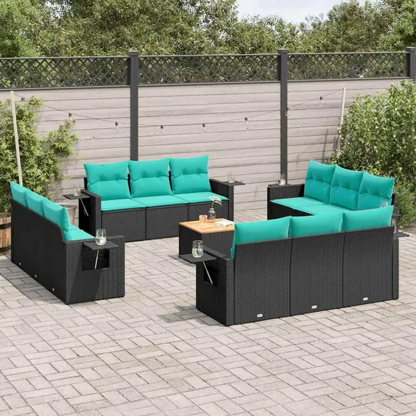 Ensemble de canapé de jardin 13 pcs avec coussins noir résine tressée