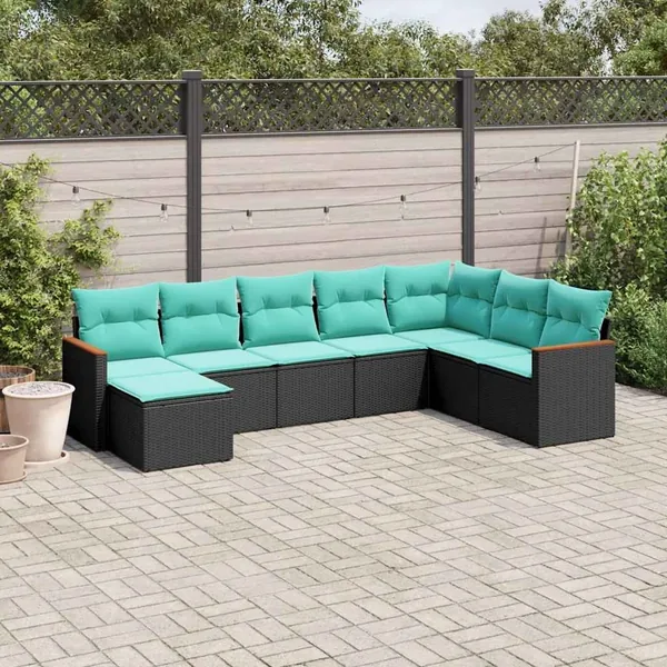 Salon de jardin 8 pcs avec coussins noir résine tressée