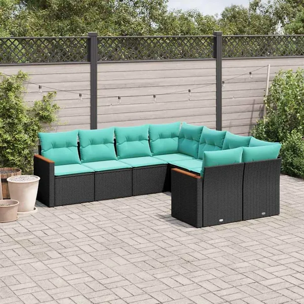 Salon de jardin 8 pcs avec coussins noir résine tressée