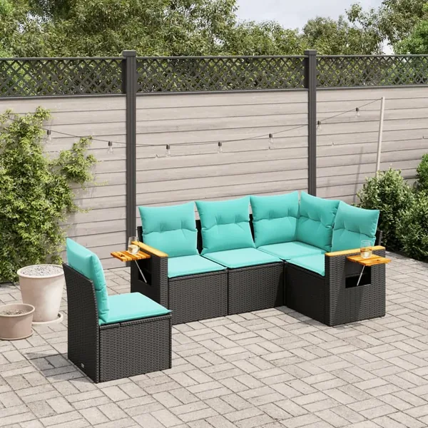 Salon de jardin 5 pcs avec coussins noir résine tressée